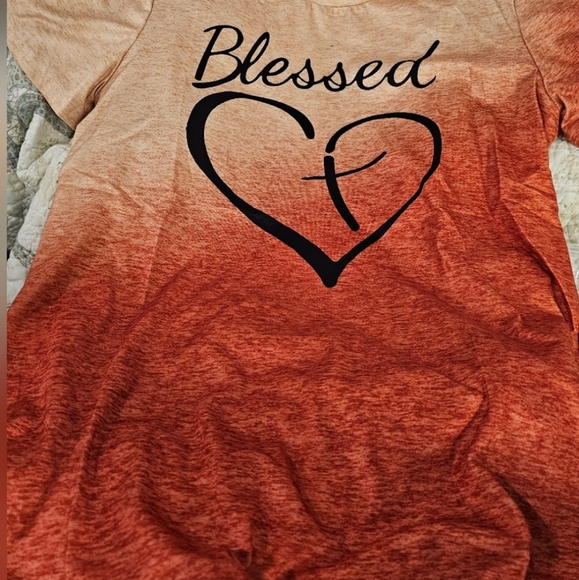 NWT "Blessed" Faith Ombre gold- orange cross heart t-shirt super soft - Picture 5 of 7